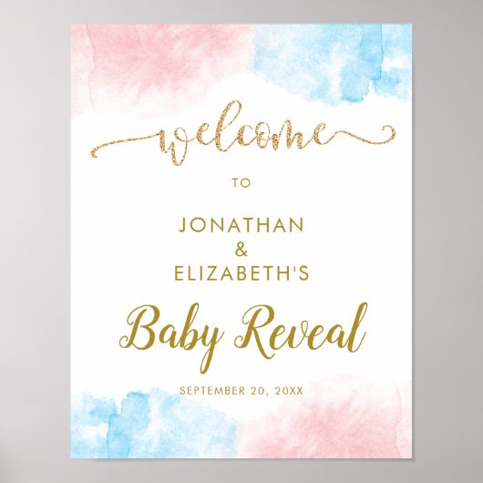 Roze blauwe Waterverf Glitter Gender onthulling We Poster (Voorkant)