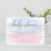 Roze blauwe Waterverf Gold Baby shower uitnodiging (Staand voorkant)