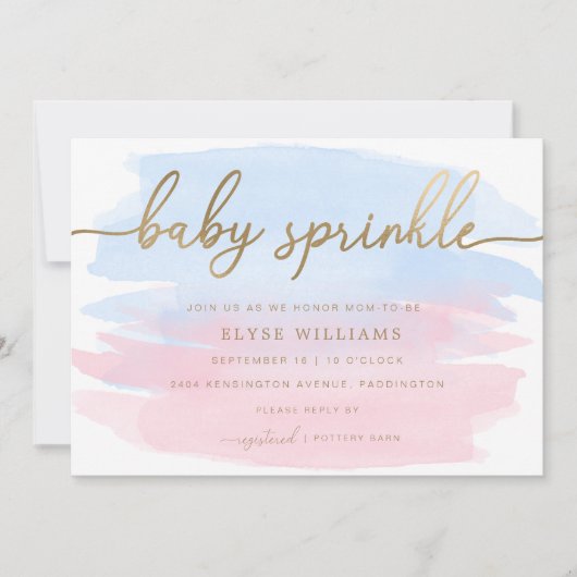 Roze blauwe Waterverf Gold Baby Uitnodiging (Voorkant)