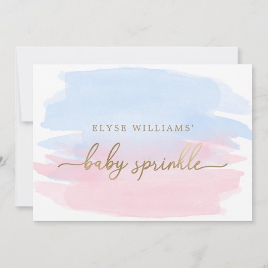 Roze blauwe Waterverf Gold Baby Uitnodiging (Achterkant)