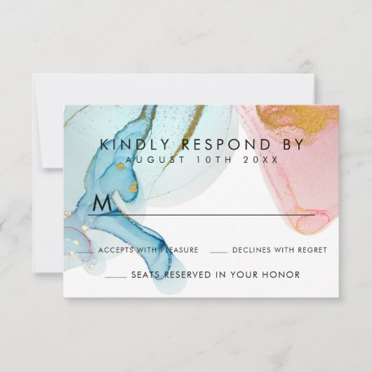 Roze blauwe Waterverf Gold Wedding RSVP Kaart (Voorkant)