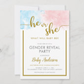 Roze & Blauwe Waterverf Gouden Script Geslacht ont Kaart (Voorkant)