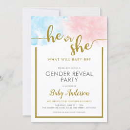 Roze & Blauwe Waterverf Gouden Script Geslacht ont Kaart