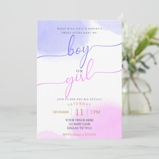 Roze & Blauwe Waterverf Gouden Script Geslacht ont Kaart (Staand voorkant)