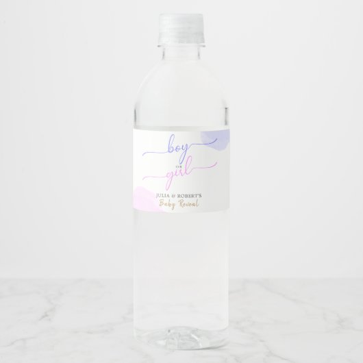 Roze & Blauwe Waterverf Gouden Script Geslacht ont Waterfles Etiket (Voorkant)
