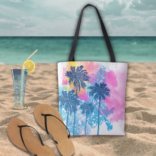 Roze blauwe Waterverf Hawaii Tropische palmen Tote Bag