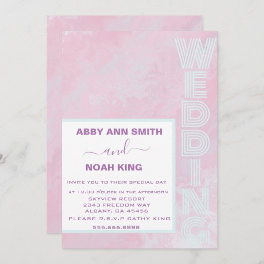 Roze Blauwe Waterverf Huwelijksuitnodiging Minimal Kaart (Voorkant / Achterkant)