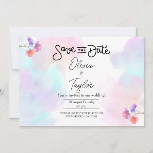 Roze & Blauwe Waterverf huwelijksuitnodigingen Kaart (Voorkant)