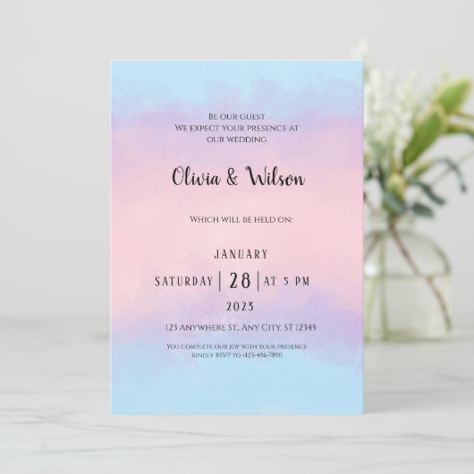 Roze blauwe Waterverf Minimale uitnodiging voor hu (Staand voorkant)