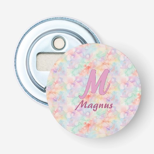 roze blauwe waterverf pastel monogram naam letter  button flesopener (Voorkant)