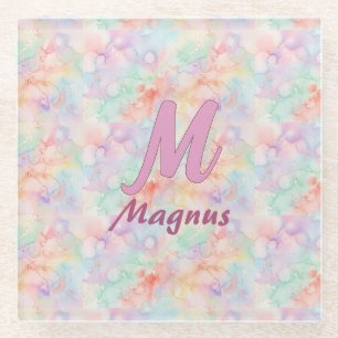 roze blauwe waterverf pastel monogram naam letter  glazen onderzetter
