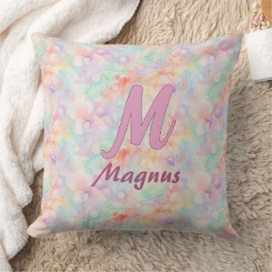 roze blauwe waterverf pastel monogram naam letter kussen
