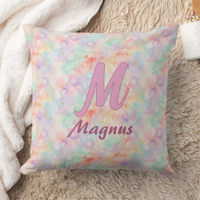 roze blauwe waterverf pastel monogram naam letter  kussen (Deken)