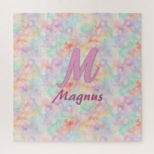 roze blauwe waterverf pastel monogram naam letter legpuzzel