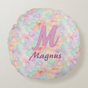 roze blauwe waterverf pastel monogram naam letter rond kussen