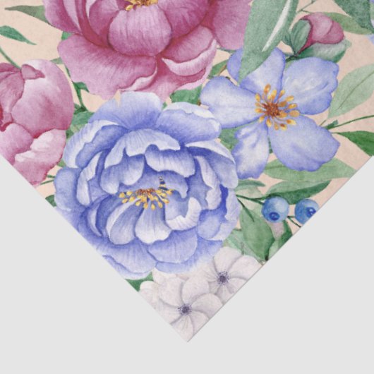 Roze & Blauwe Waterverf Tuinbloemen Decoupage Tissuepapier (Detail)