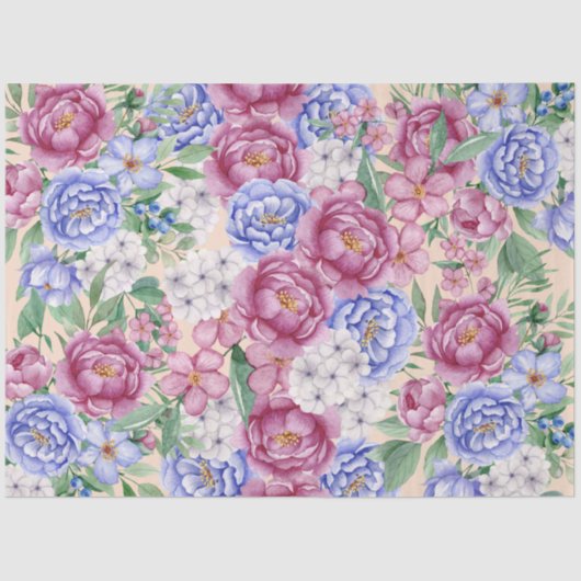 Roze & Blauwe Waterverf Tuinbloemen Decoupage Tissuepapier (Voorkant)