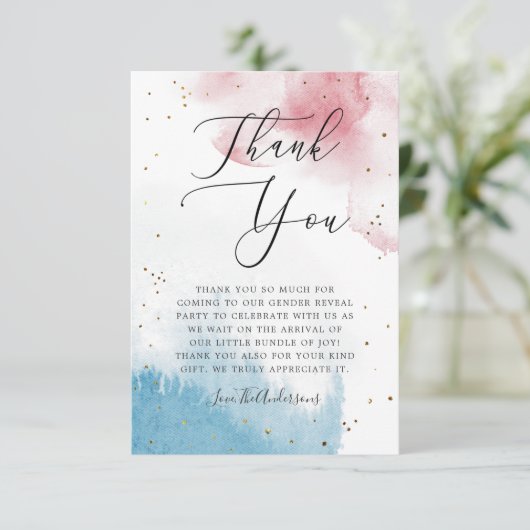 Roze blauwe Waterverf Uitslag Geslacht Bedankkaart (Staand voorkant)