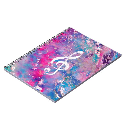 Roze blauwe Waterverf Verf Muziek Opmerking Treble Notitieboek (Linkerzijde)