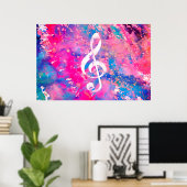 Roze blauwe Waterverf Verf Muziek Opmerking Treble Poster (Thuiskantoor)