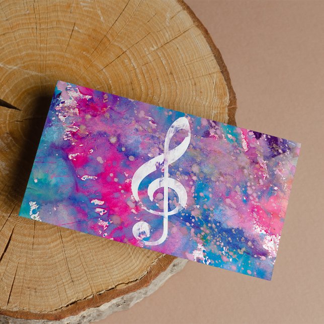 Roze blauwe Waterverf Verf Muziek Opmerking Treble Visitekaartjes (Pink Blue Watercolor Paint Music Note Treble Clef )