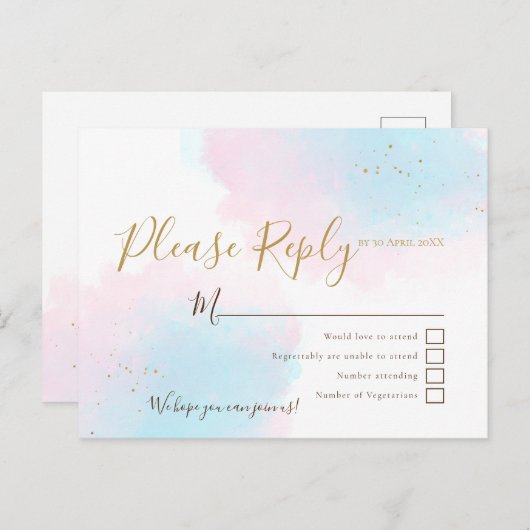 Roze & Blauwe Waterverven bruiloft RSVP Briefkaart (Voorkant / Achterkant)