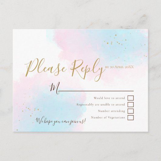 Roze & Blauwe Waterverven bruiloft RSVP Briefkaart (Voorkant)