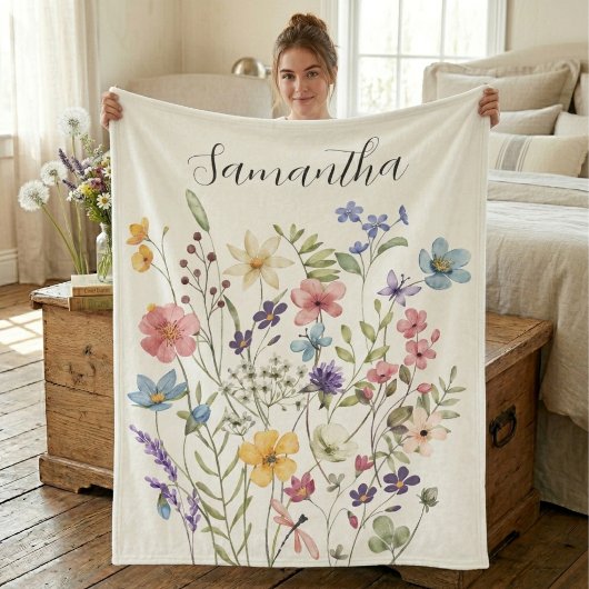 Roze Blauwe Wilde Bloem Waterverf Naam  Fleece Deken