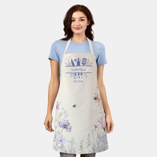 Roze blauwe wilde bloemen bijen schort (Gedragen)