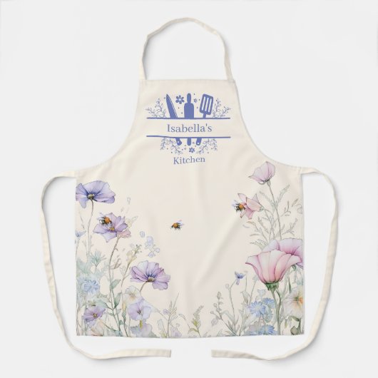 Roze blauwe wilde bloemen bijen schort (Voorkant)