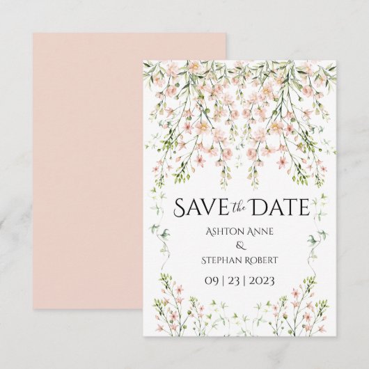 Roze blauwe wilde bloemen Elegant Floral Wedding Save The Date (Voorkant / Achterkant)