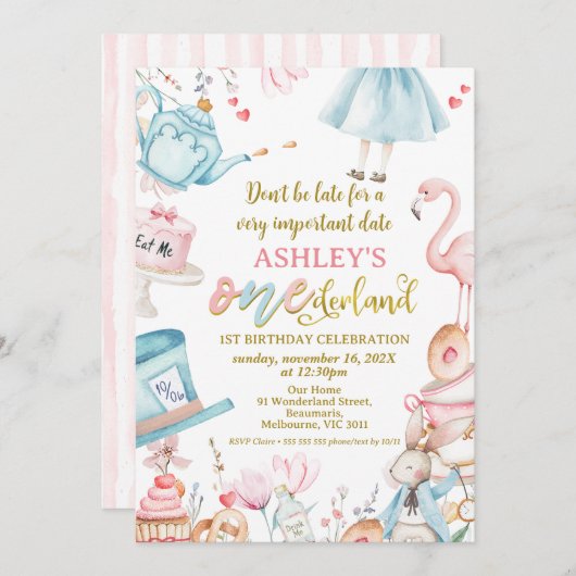 Roze Blauwe Wildflower Alice Onederland 1e verjaar Kaart (Voorkant / Achterkant)