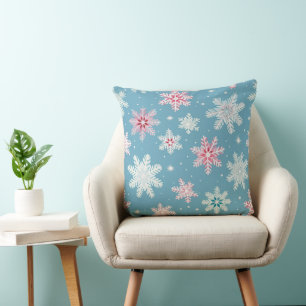 ROZE & BLAUWE WINTER GEBORDUURDE LOOK SNEEUWVLOKKE KUSSEN