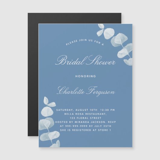 Roze blauwe witte eucalyptusluxe vrijgezellenfeest magnetische uitnodiging (Voorkant / Achterkant)