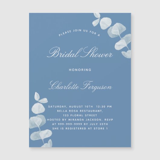 Roze blauwe witte eucalyptusluxe vrijgezellenfeest magnetische uitnodiging (Voorkant)