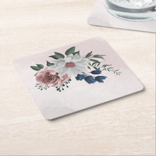 roze blauwe witte florale bruine bruiloft kartonnen onderzetters