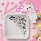 roze blauwe witte florale bruine bruiloft papieren bordje (Feest)