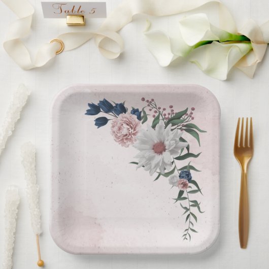 roze blauwe witte florale bruine bruiloft papieren bordje (Huwelijk)
