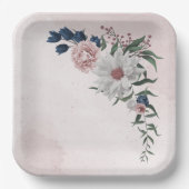 roze blauwe witte florale bruine bruiloft papieren bordje (Voorkant)