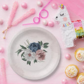 roze blauwe witte florale bruine bruiloft papieren bordje (Feest)