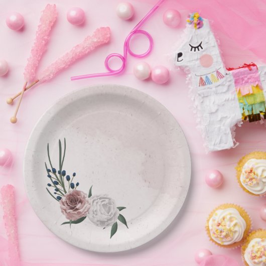 roze blauwe witte florale bruine bruiloft papieren bordje (Feest)