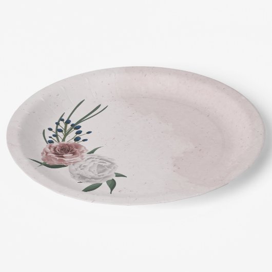 roze blauwe witte florale bruine bruiloft papieren bordje (Gekanteld)