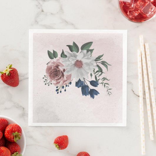 roze blauwe witte florale bruine bruiloft servet (Insitu)