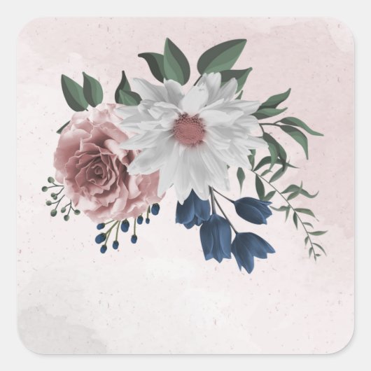 roze blauwe witte florale bruine bruiloft vierkante sticker (Voorkant)