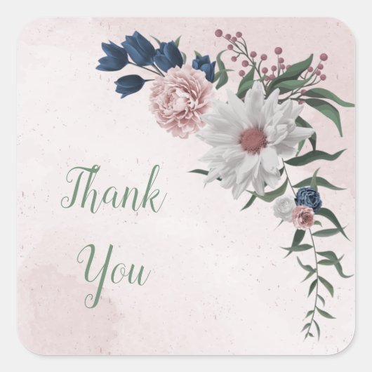roze blauwe witte florale bruine bruiloft vierkante sticker (Voorkant)