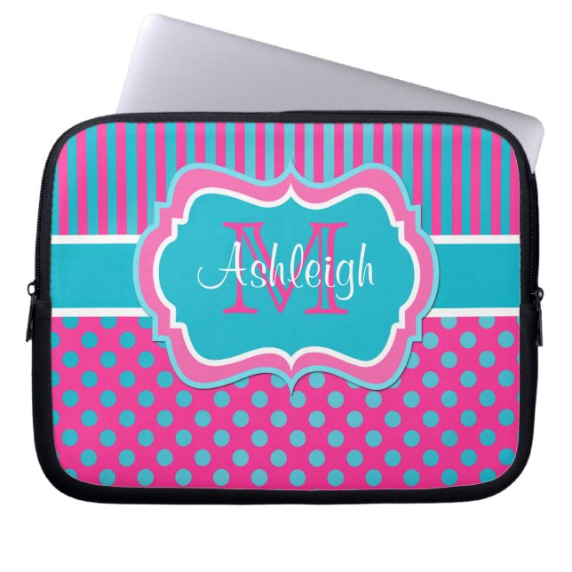 Roze blauwe witte pooldots gestreept laptophoes laptop sleeve (Voorkant)