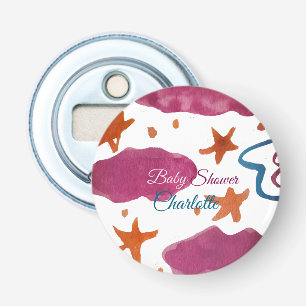 Roze blauwe wolken baby shower naam toevoegen wate button flesopener