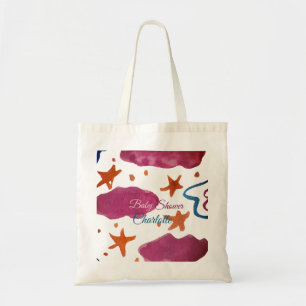 Roze blauwe wolken baby shower naam toevoegen wate tote bag