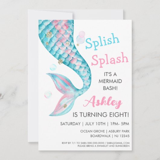 Roze & Blauwe Zeemeermin | Verjaardagsfeest Uitnod Kaart (Voorkant)