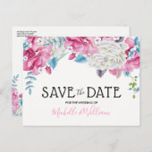 Roze Blauwe Zomer Bloemen Save the Date Aankondigingskaart (Voorkant / Achterkant)